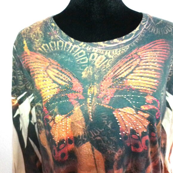 Orange/black/yellow butterfly blouse, with tiny studs design - Picture 5 of 8